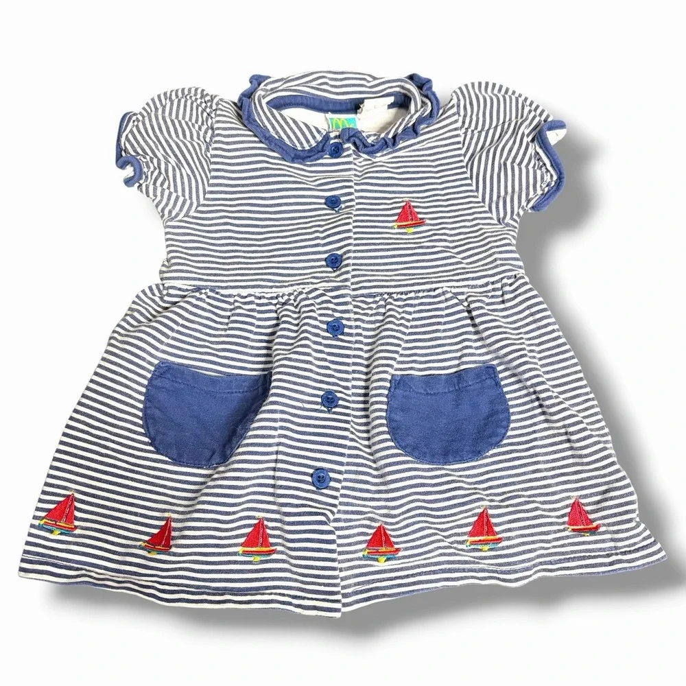 Vintage McBaby Girls Sailor Nautical Dress Size 18 Months‎ Stripe Embroidered